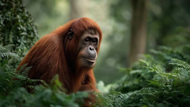 Orangutan primate portrait serene jungle foliage peaceful ape wildlife nature conservation