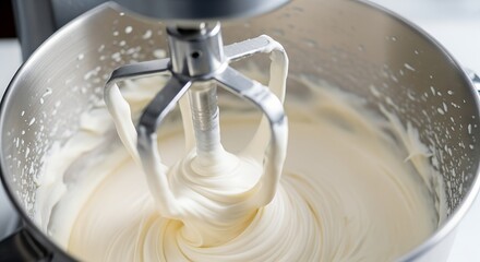 Cream being mixed in stainless steel bowl with electric mixer  