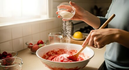 Woman mixing batter while adding sugar in bright kitchen  
