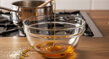 Honey pouring into glass bowl on wooden kitchen counter  