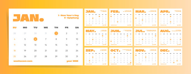 Orange Holiday Icon Wall Planner 2026. Minimal Monthly Calendar Layout with Highlighted Events, Sunday Start Printable