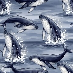 A seamless illustrative pattern of majestic humpback whales breaching and splashing in the deep blue ocean water