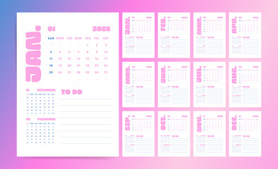 Cute Gradient To Do Wall Planner 2026. Pastel Monthly Calendar Layout with Notes Section and Checklist, Sunday Start Printable

