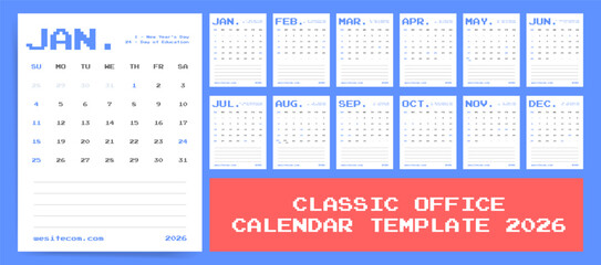 Pixel Art Office Wall Planner 2026. Retro Monthly Calendar Layout, Sunday Start Printable Template
