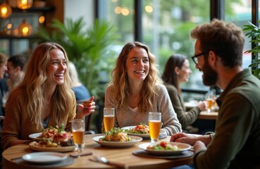 Friends laugh and eat food at a restaurant table with drinks. People enjoy meal together in a bright modern eatery. Casual gathering, conversation, and good times.