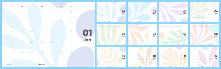 Calendar 2026 Abstract Pastel Botanical Wall Planner, Large Monthly Grid with Sunday Start
