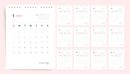 Calendar 2026 Minimal Pastel Pink Wall Planner with Mini Overview and Motivational Quote, Sunday Start. Vector Printable Calendar Planner Template Design for 2026 year