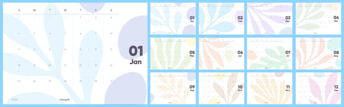 Calendar 2026 Abstract Pastel Botanical Wall Planner, Large Monthly Grid with Sunday Start
