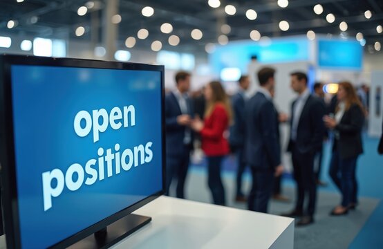 Digital screen displays open positions at busy job fair. People network, seek careers, and explore employment opportunities. Employers recruit talent for job openings.