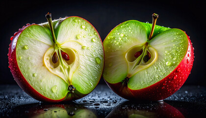 Realistic close-up scene of a green and red apple sliced into two halves with glist 