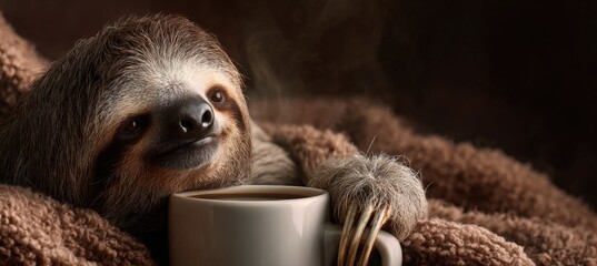 Obraz premium Adorable Sloth Relaxing with Coffee Mug in Soft Lighting
