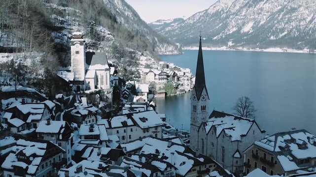 Iconic Aerial View of Hallstatt Village and Lake in Winter, Austria
