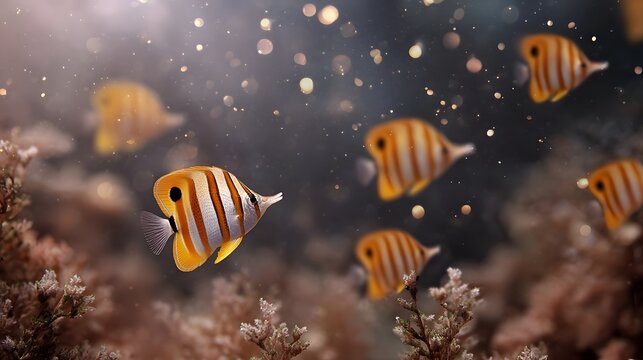 A school of vibrant striped butterflyfish swims gracefully in a serene underwater reef environment with soft light and bokeh - Powered by Adobe