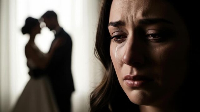 Heartbroken woman watching wedding couple embrace