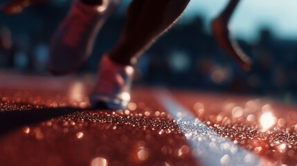 Runners compete on a wet track during a race at an athletic event