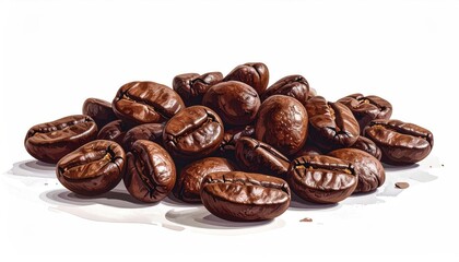 Pile of shiny, roasted coffee beans with some scattered