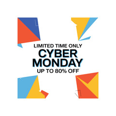 Cyber Monday Sale Banner with Colorful Geometric Shapes and Discount Offer