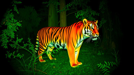Vivid tiger strides through lush jungle