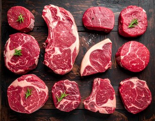 Different types of raw A5 beef on the wooden background