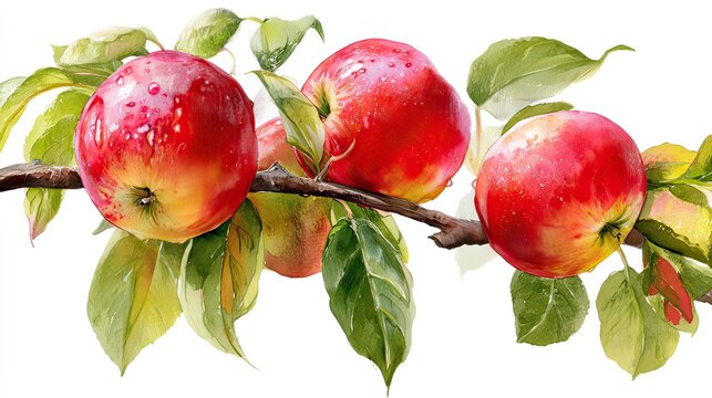 Vibrant watercolor painting of fresh red apples hanging on a branch with green leaves - Powered by Adobe