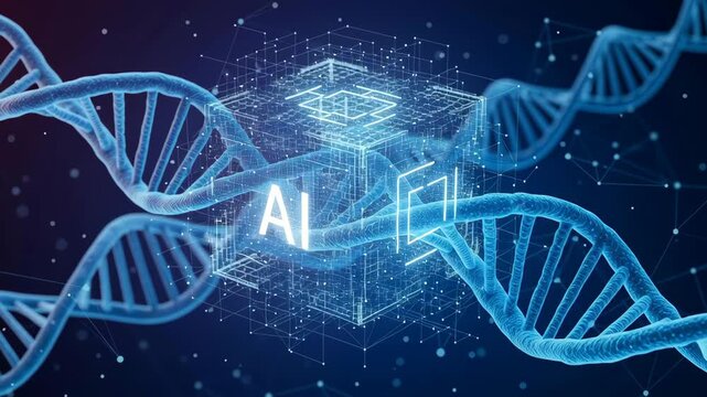 AI driven DNA research concept merging double helix and digital cube with glowing circuitry, genetics therapy advance, AI research linking DNA strand, data processor and technology biomedical