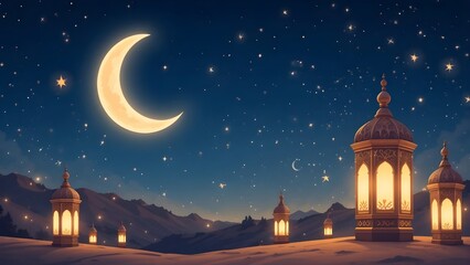 Fototapeta premium Ramadan night scene with crescent moon, starry sky, and traditional illuminated lanterns on a Middle Eastern rooftop.