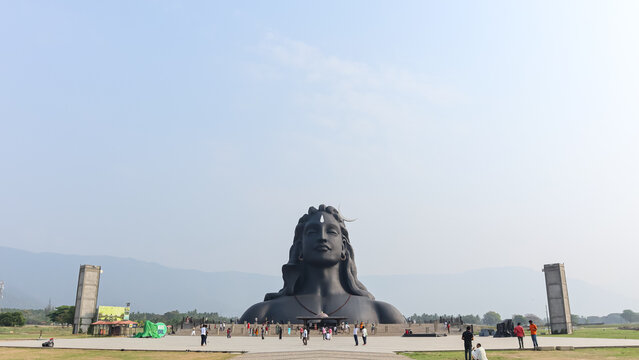 India, Tamil Nadu, Coimbatore, Huge 112feet Statue of Lord Shiva Sculpture in Human Form, Velliangiri Foothills. 