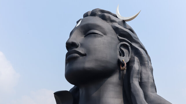 India, Tamil Nadu, Coimbatore, Huge 112feet Statue of Lord Shiva Sculpture in Human Form, Velliangiri Foothills. 