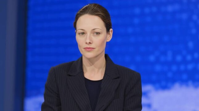 Broadcast. Immaculate gesticulation of a professional anchorwoman. News presenter