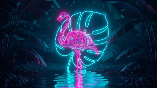 Vibrant flamingo neon art glows in jungle stream