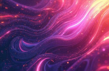 Obraz premium Abstract swirling lines of purple, pink neon lights with sparkling particles. Dynamic waves of energy flow create vibrant, glowing, futuristic backdrop. Smooth textures blend with bright illumination