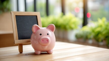 Adorable piggy bank sits beside chalkboard offering financial advice in bright setting inspiring thoughtful money management decisions
