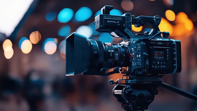 Cinematic camera rig on a tripod with matte box and lens, framed by glowing bokeh streetlights. dusk