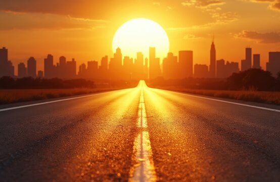 Golden sunset over city skyline. Asphalt road leads to downtown. Modern architecture silhouettes glow in light. Urban landscape at dusk shows travel to business destination. Warm colors fill sky. - Powered by Adobe