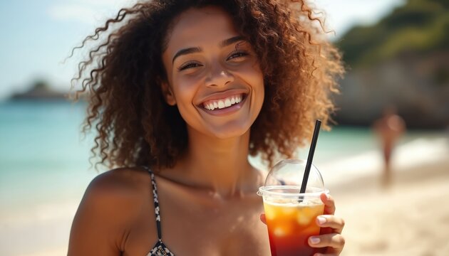 Smiling mixed race woman with curly hair holds cold drink on beach. She enjoys vacation, wearing bikini. Ocean waves and sand behind her. Fun summer day.