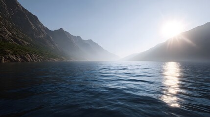 A breathtaking view of a serene mountain lake at dawn with the sun s golden rays breaking through the misty atmosphere casting reflections on the