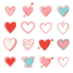 Collection of heart illustrations in various styles and colors, perfect for Valentine's Day or love-themed designs.