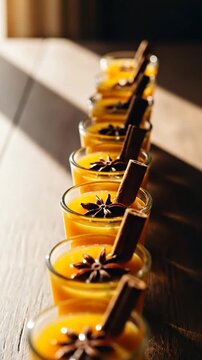 Autumnal Elixir Close Up Row of Small Shot Glasses with Cinnamon Sticks and Star Anise on Rustic Wooden Surface in Warm Light for Gourmet Celebration 180 char