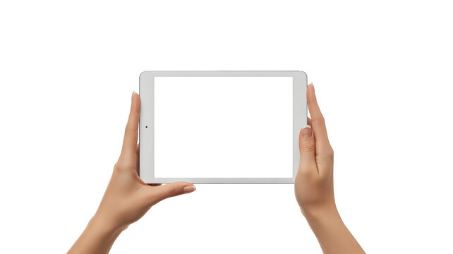 Hands holding a white tablet computer with a blank screen vertically against a pure white background for copyspace