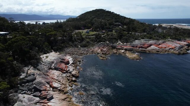 Scenery Surrounding Bicheno Blowhole In Bicheno, Tasmania, Australia - Aerial Drone Shot