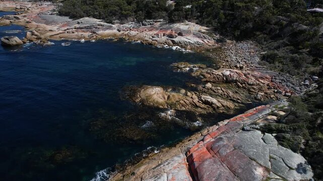 Rocky Coastline Near Bicheno Blowhole In Tasmania, Australia - Drone Shot