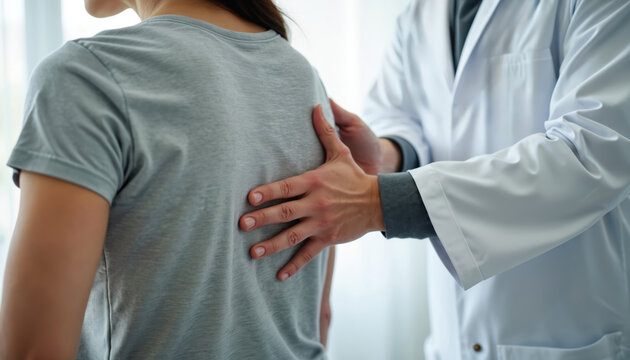 Doctor examines woman upper back and spine for pain relief. Hands palpate shoulders and back muscles, assessing posture. Chiropractor gives physical therapy checkup for pain relief.