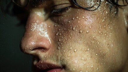 Intense close-up of a man's face glistening with sweat after a powerful workout, showing dedication and physical exertion in fitness