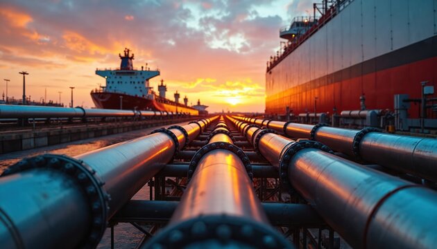 Large industrial pipelines run towards LNG tankers docked at a terminal. The sun sets casting orange light on the metal pipes and ships. Gas and oil transport infrastructure seen.