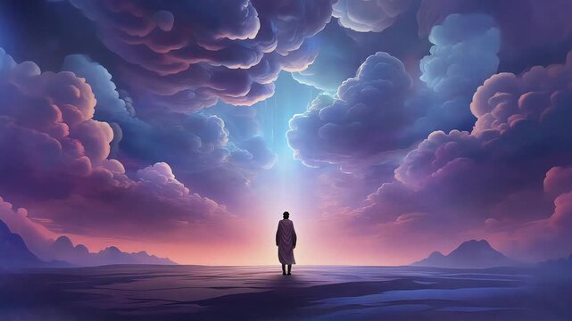 A solitary figure stands beneath a dramatic sky filled with colorful clouds and a beam of light.