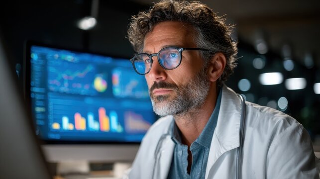 Focused scientist analyzing data on computer screen in laboratory setting, reflecting on research findings during late-night study session with blue light.
