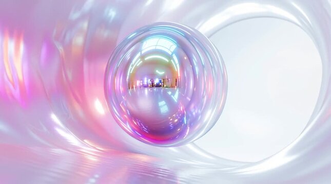a shimmering metallic rainbow slime sphere rotating inside a white infinite simulation room, cinematic highlights, hyper-real detail