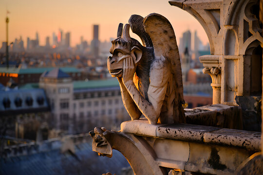 A stone gargoyle perches on a gothic cathedral, overlooking a modern city skyline at sunset.