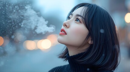 寒さで息が白くなる日本人女性