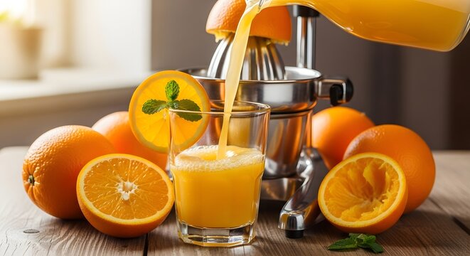 Fresh orange juice being poured into a glass with whole and cut oranges fresh juice - Powered by Adobe
